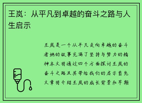 王岚：从平凡到卓越的奋斗之路与人生启示