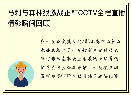 马刺与森林狼激战正酣CCTV全程直播精彩瞬间回顾